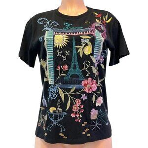 Johnny Was Paris Short Floral Tee Embroidered Cotton Shirt Black Top Medium NEW